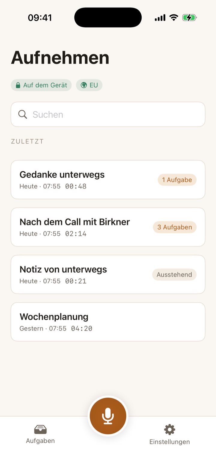 Startbildschirm mit On-Device- und EU-Badges und der Liste zuletzt aufgenommener Notizen