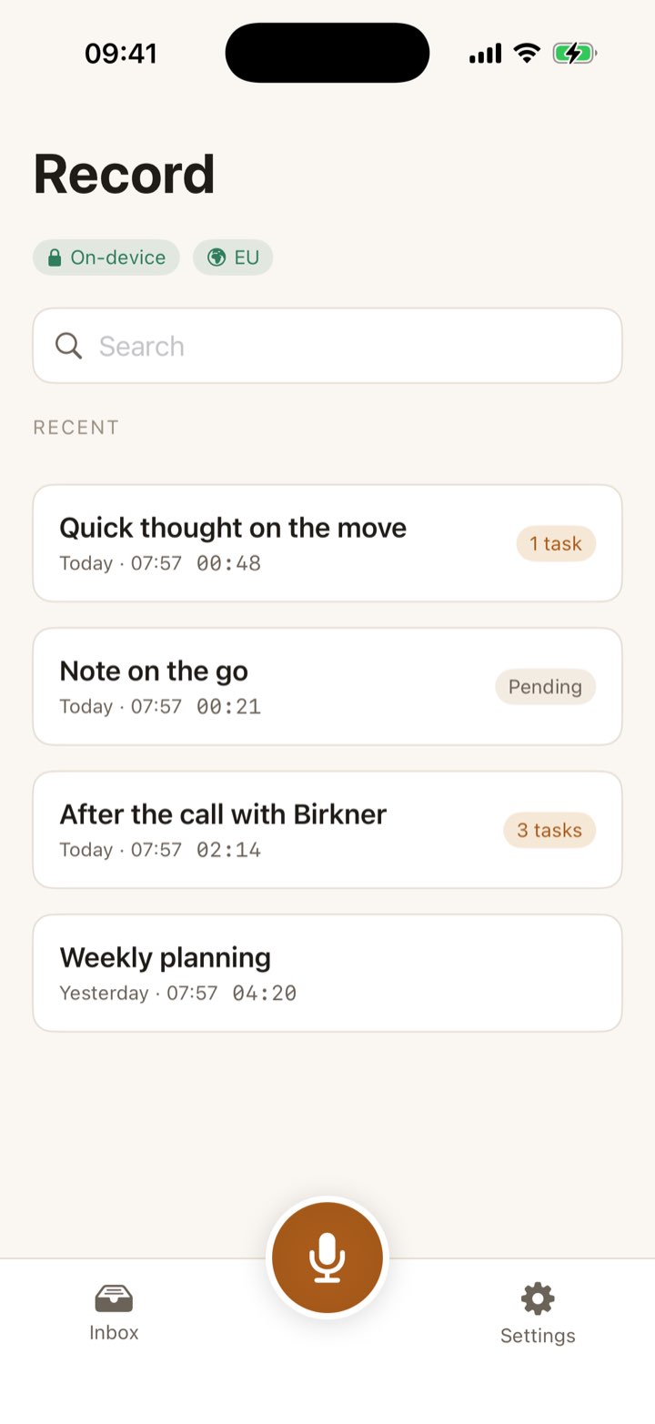 Home screen with on-device and EU badges and a list of recently recorded notes
