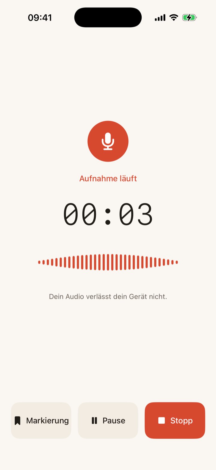 Live-Aufnahme mit Timecode, Wellenform und der Zusicherung, dass das Audio das Gerät nicht verlässt