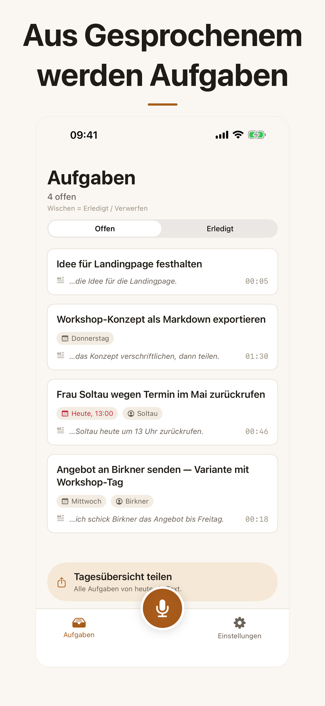 Screenshot: Posteingang mit extrahierten Aufgaben