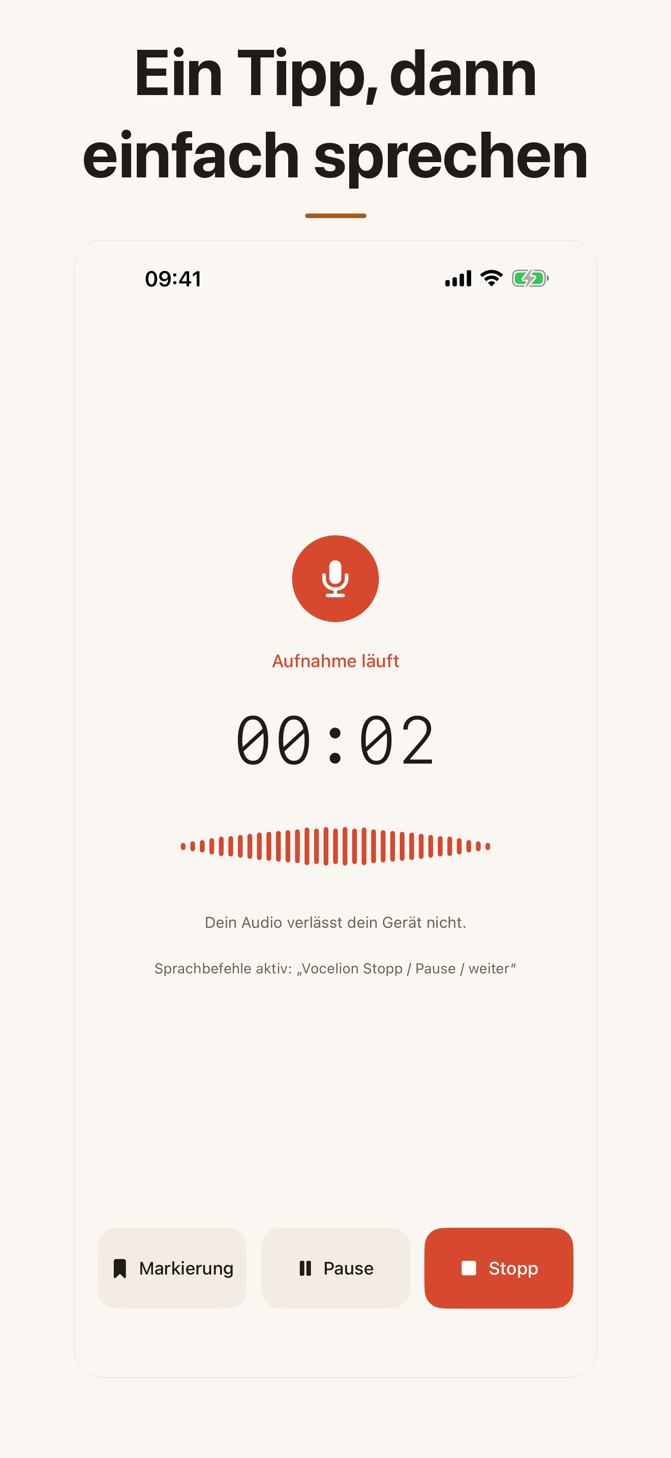 Screenshot: laufende Aufnahme mit Live-Transkription