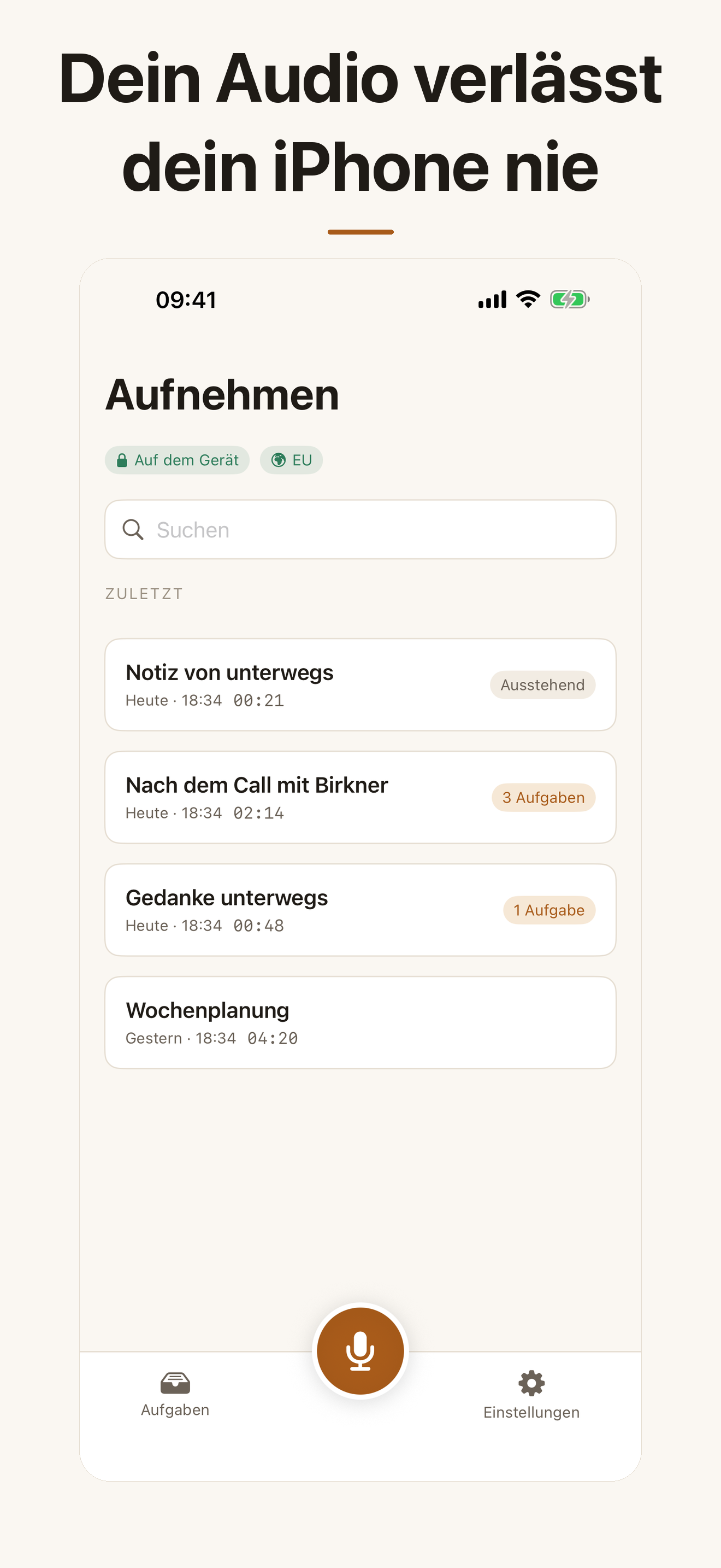 Screenshot: Startbildschirm mit Aufnahme-Button