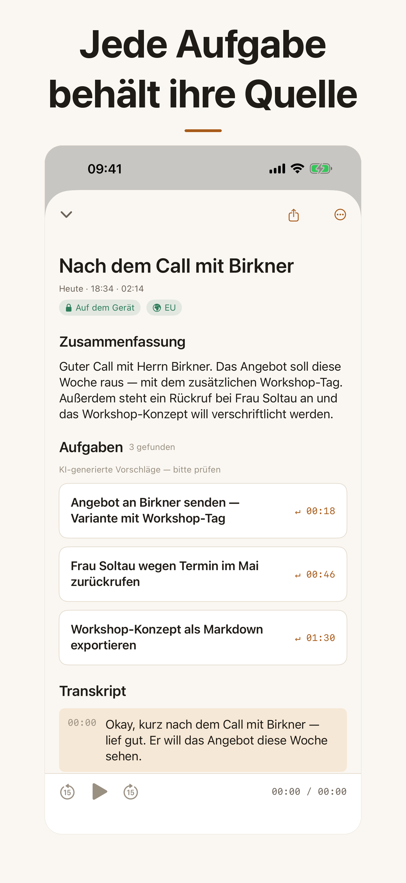 Screenshot: Aufnahme-Detail mit Transkript und Aufgaben